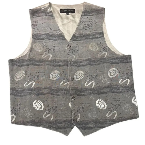 Unisex Silver Geometric Formal Vintage Silk Vest XL V-Neck Button Closure - Picture 5 of 9